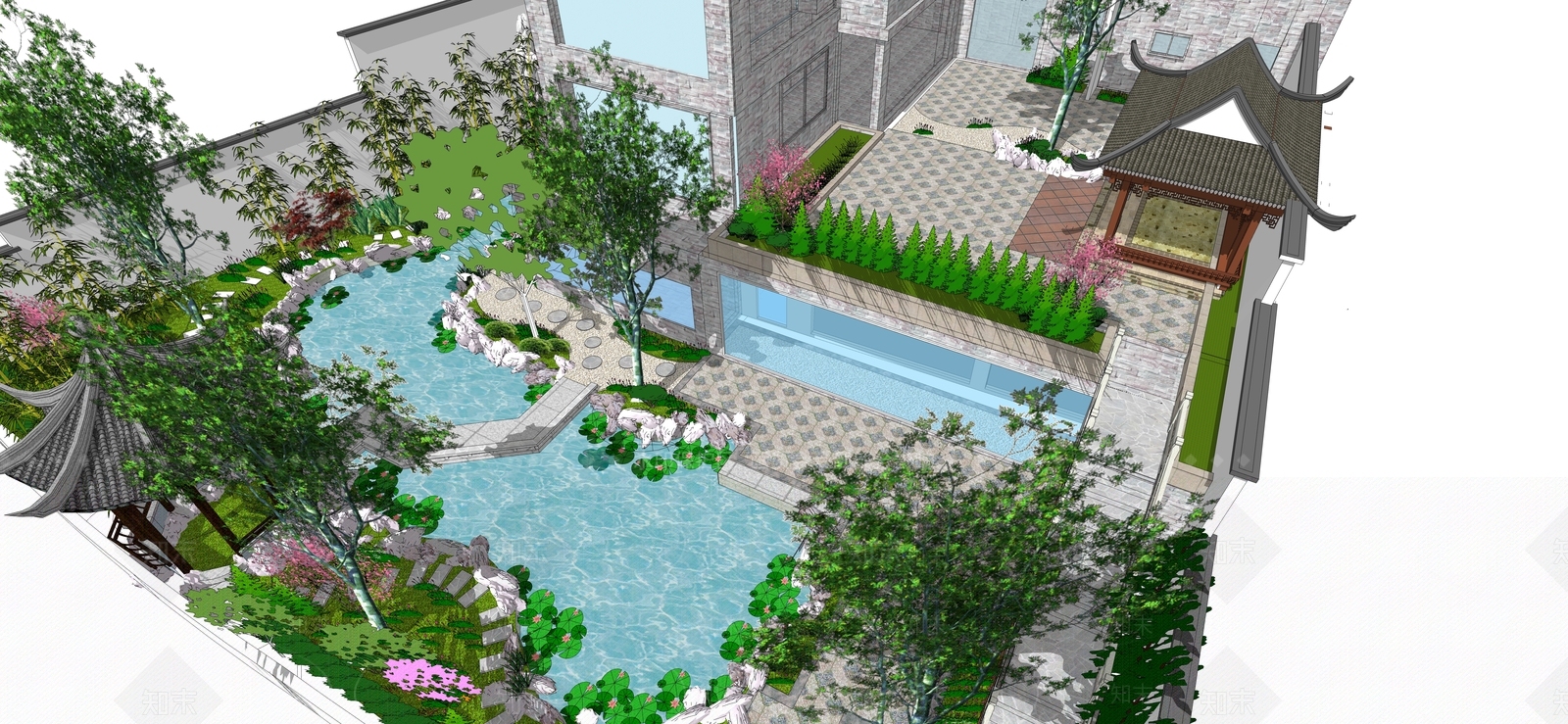 现代新中式别墅庭院SU模型下载【ID:1200690733】