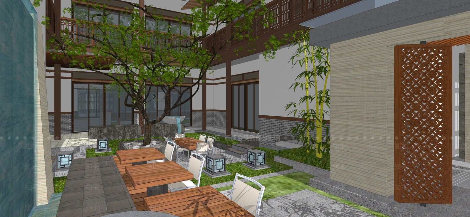 新中式中式乡村庭院SU模型下载【ID:1200691471】