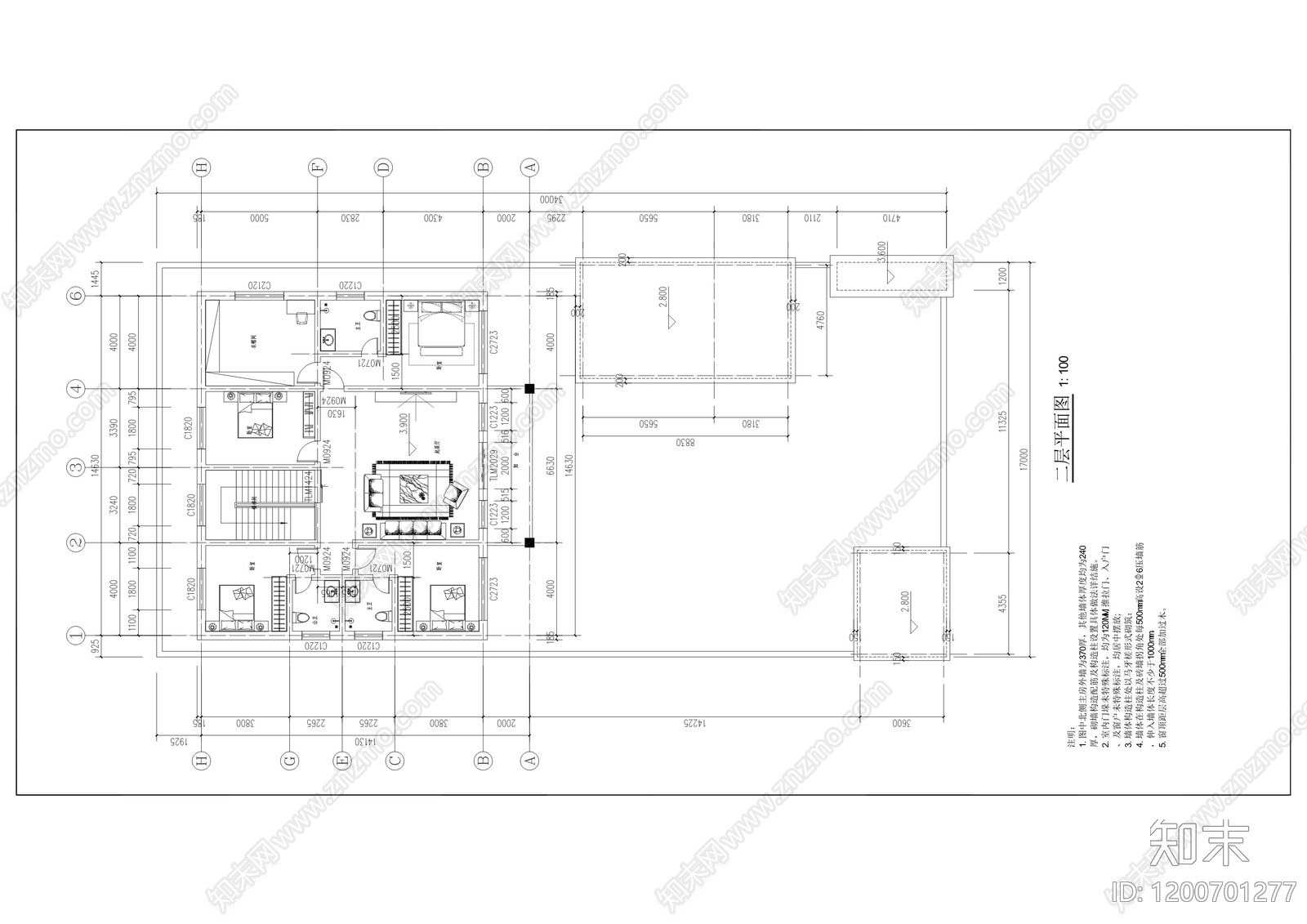 新中式中式别墅建筑cad施工图下载【ID:1200701277】
