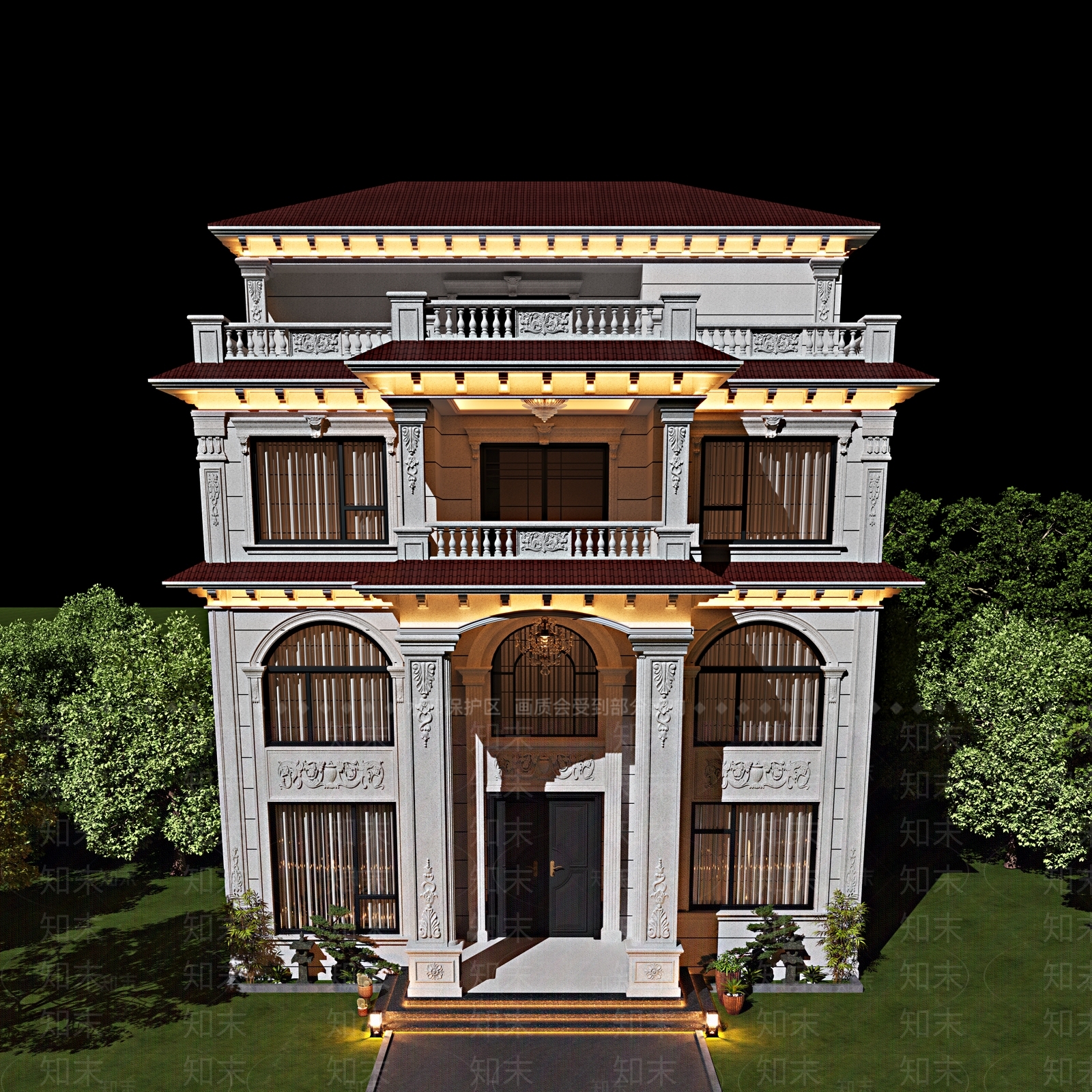 欧式美式别墅外观3D模型下载【ID:1200753923】
