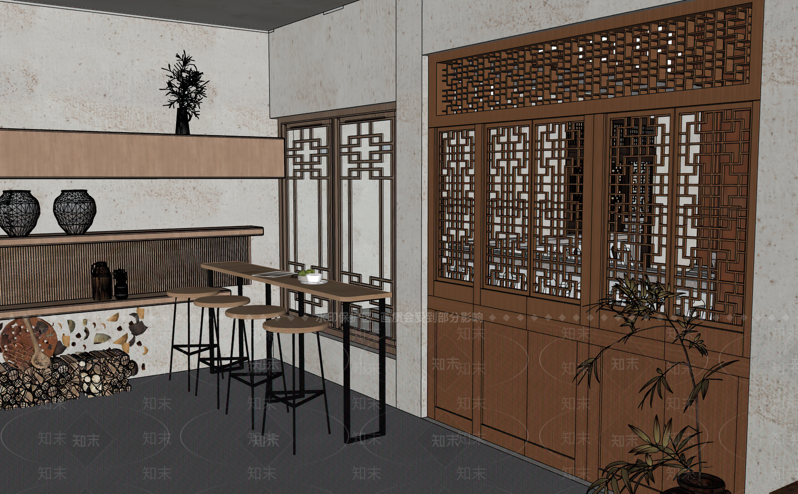 中式咖啡厅SU模型下载【ID:1200779689】