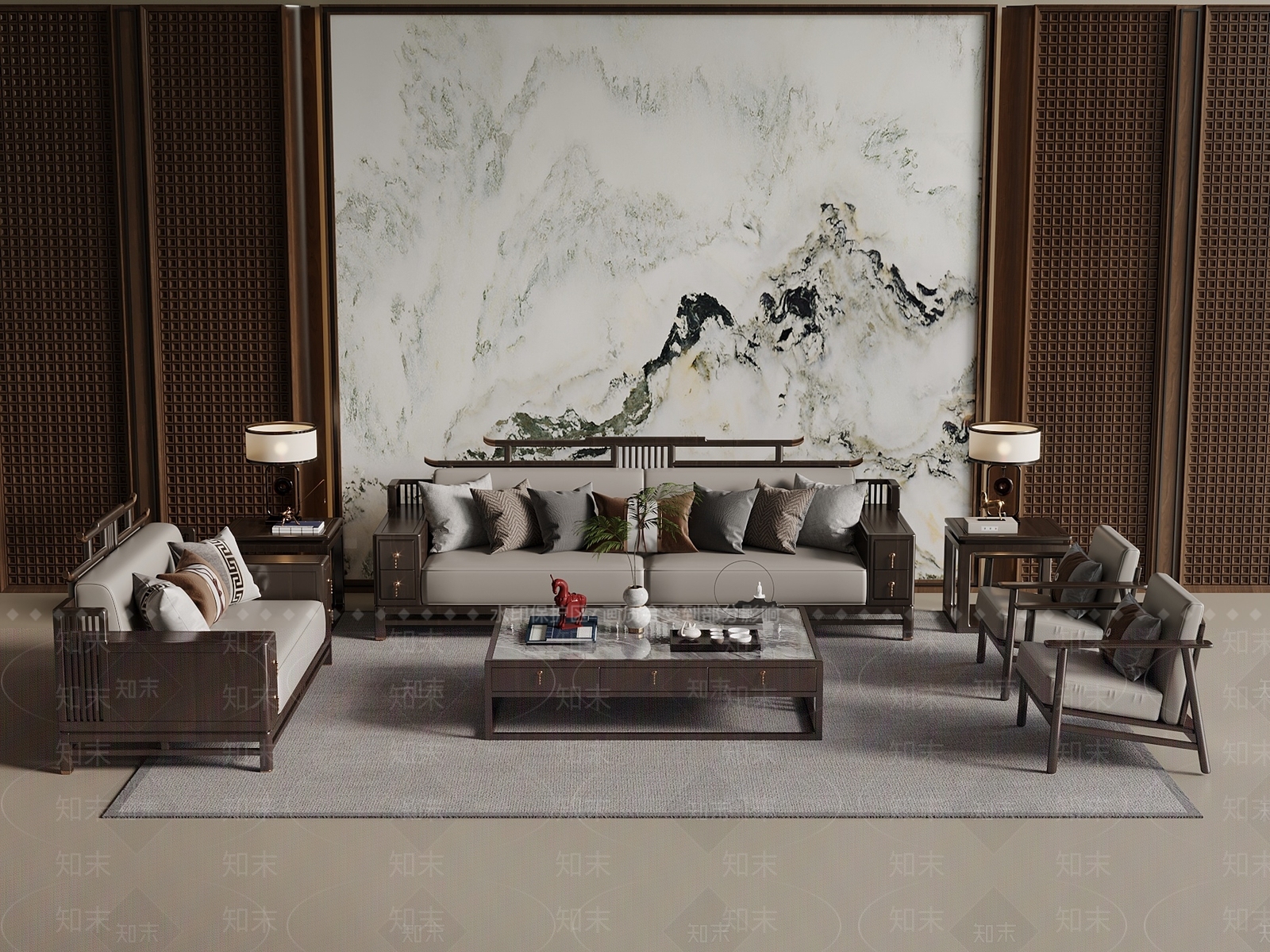 新中式中式沙发组合3D模型下载【ID:1200787643】