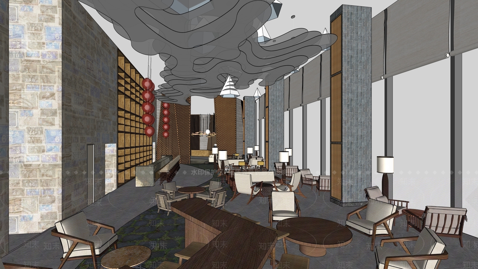 新中式中式酒店大堂SU模型下载【ID:1200807471】
