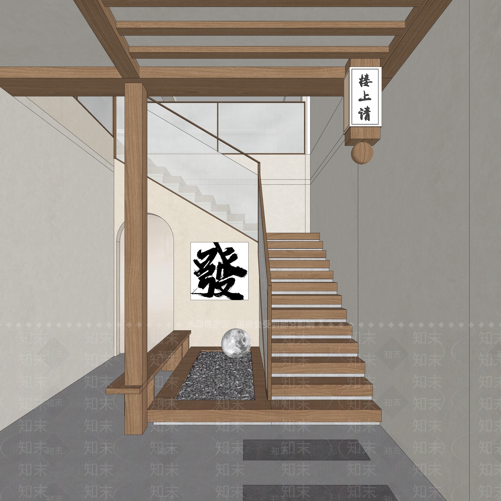 中式原木楼梯间SU模型下载【ID:1200823544】