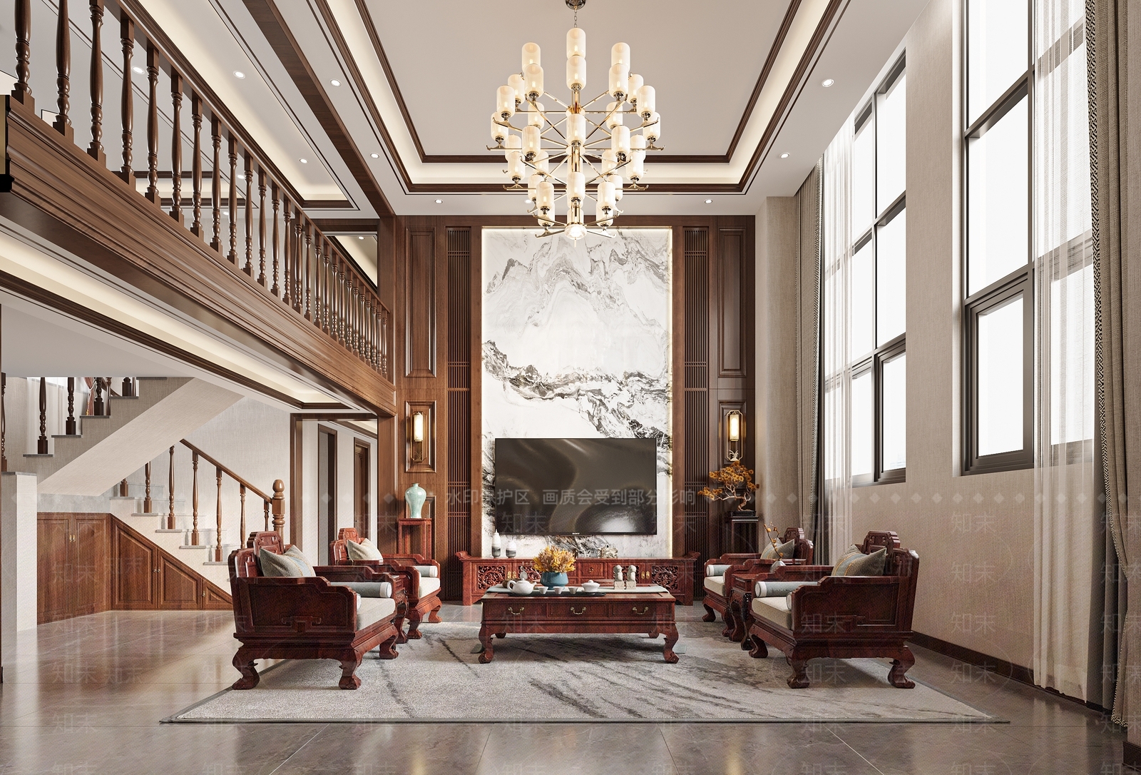 新中式中式别墅客厅3D模型下载【ID:1200861359】