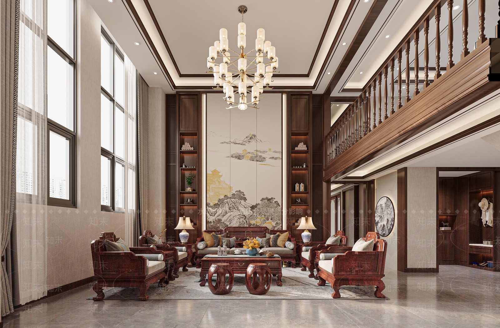 新中式中式别墅客厅3D模型下载【ID:1200861775】