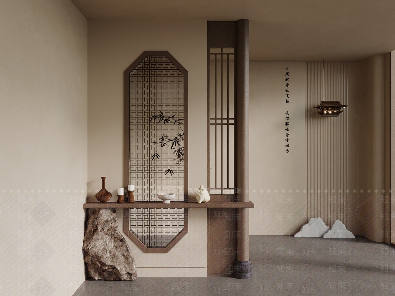 中古新中式玄关背景墙3D模型下载【ID:1200897146】