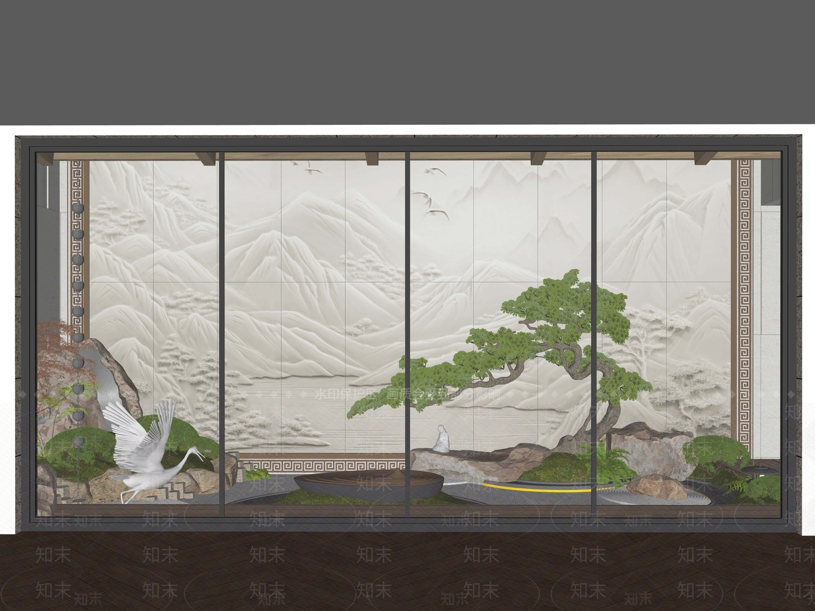 新中式室内景观SU模型下载【ID:1200926609】