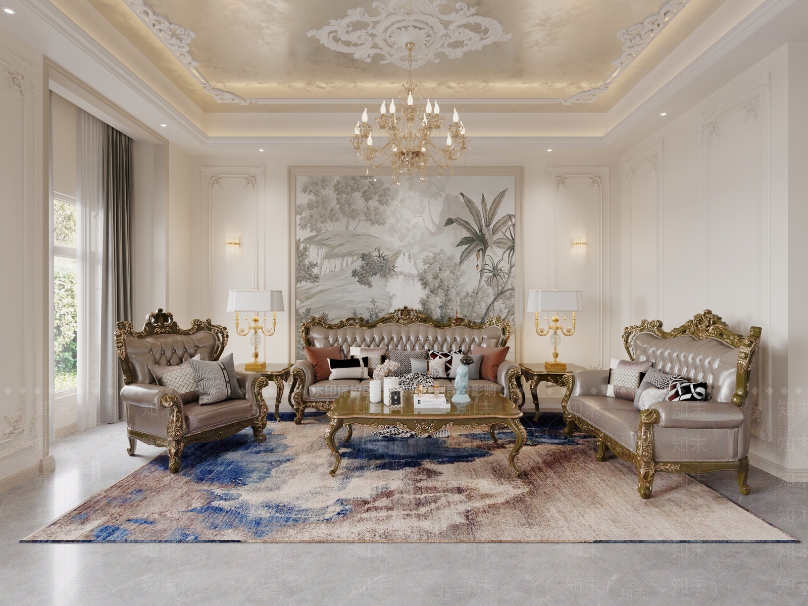 法式欧式别墅客厅3D模型下载【ID:1201025345】