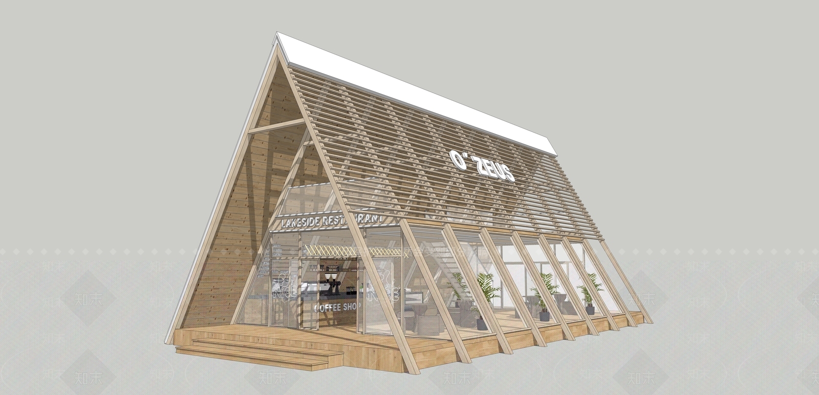 现代原木咖啡厅SU模型下载【ID:1201036662】