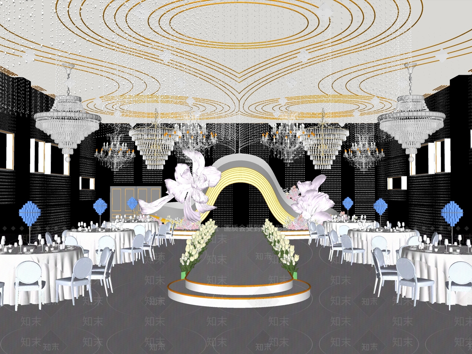 现代简约宴会厅SU模型下载【ID:1201040555】