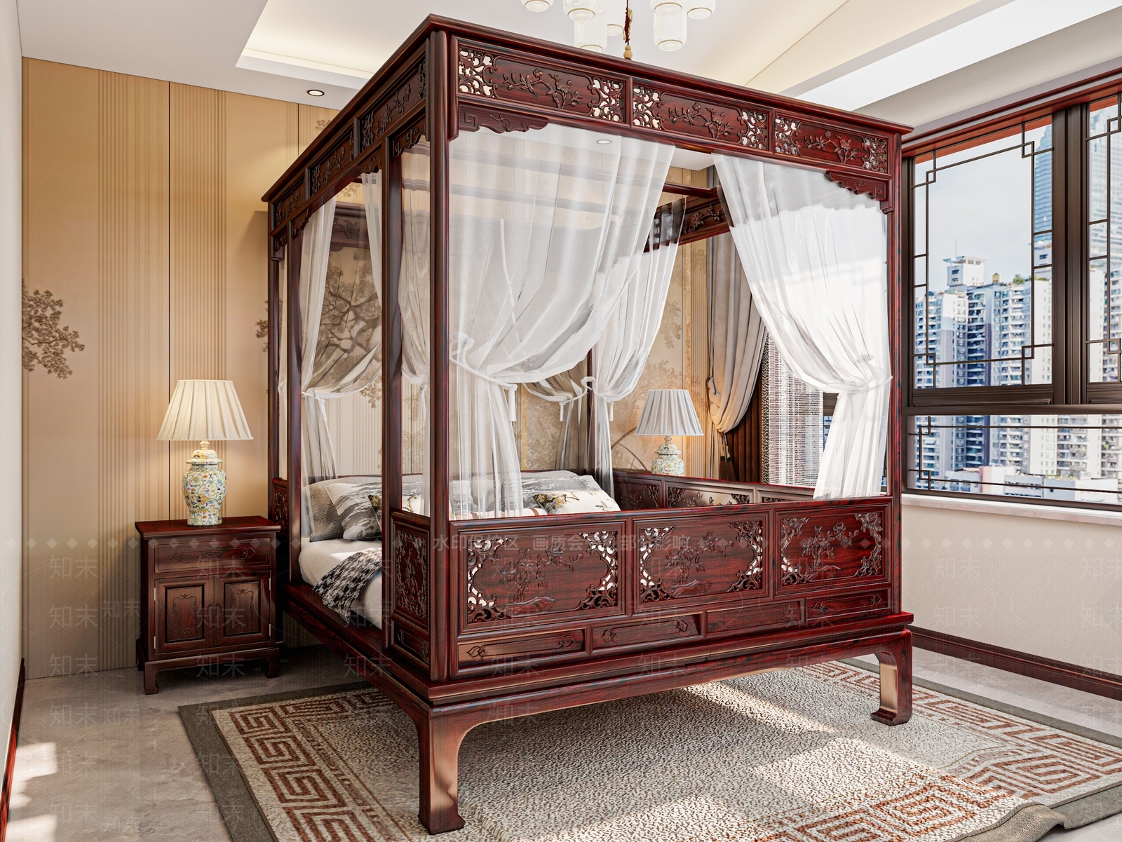 中式新中式双人床3D模型下载【ID:1201048696】