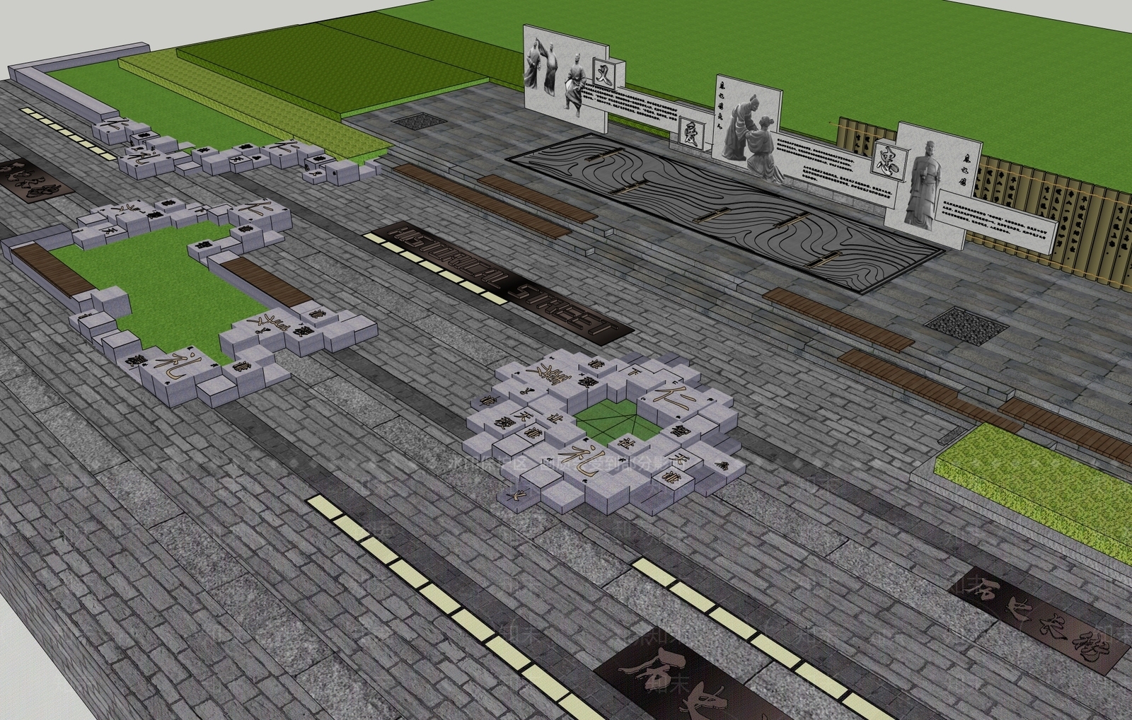 新中式中式广场景观SU模型下载【ID:1201078400】