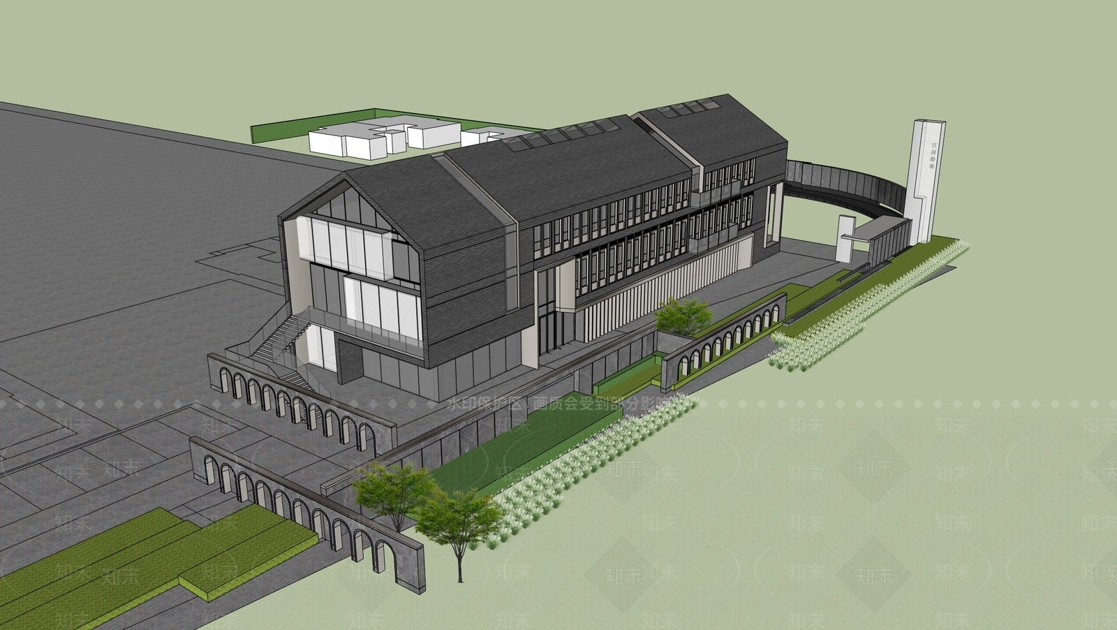 现代新中式售楼处建筑SU模型下载【ID:1201131701】