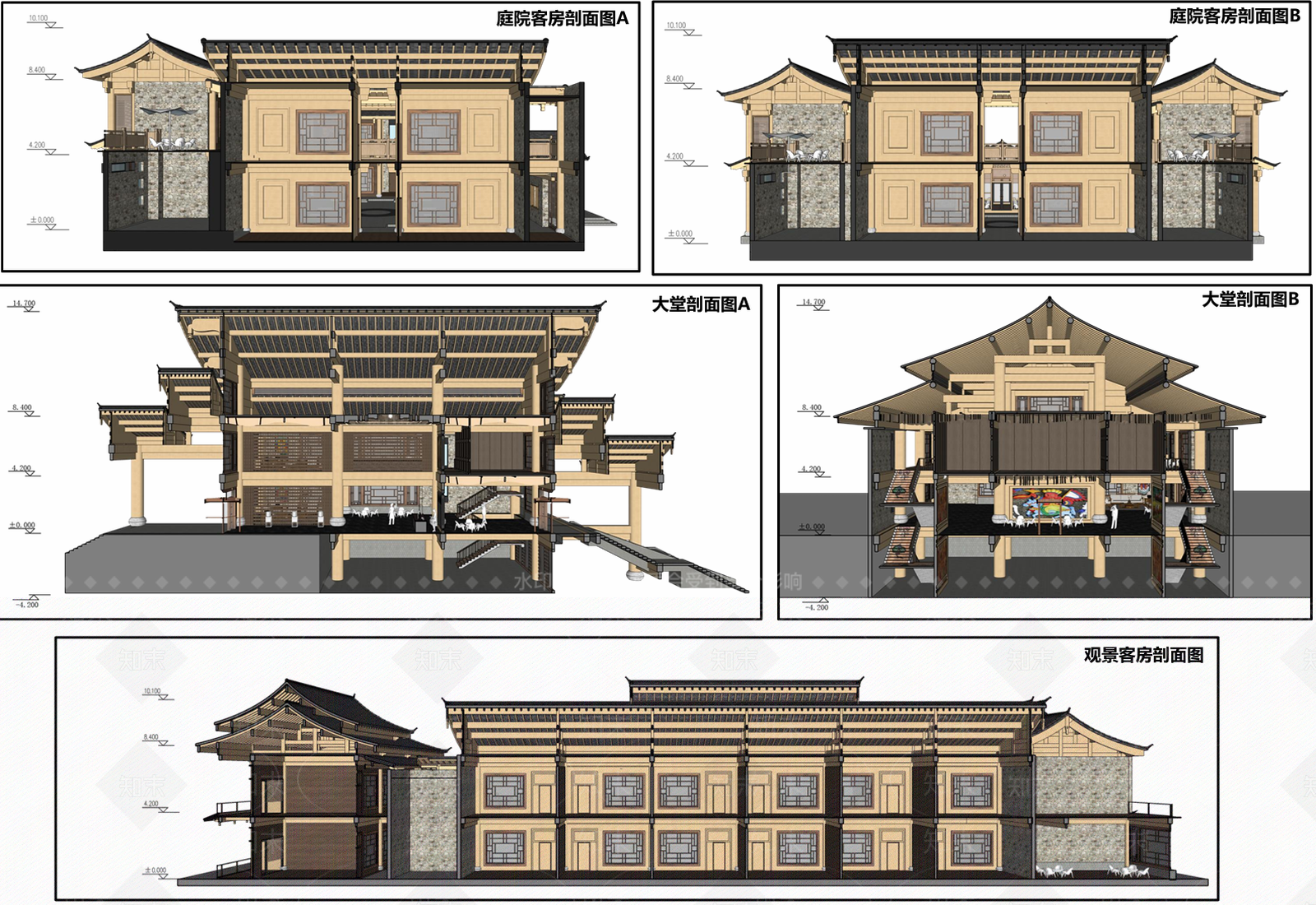 新中式原木酒店建筑SU模型下载【ID:1201134170】