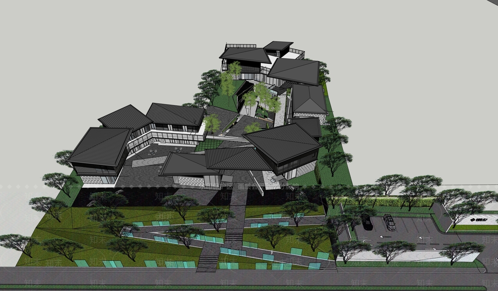 现代新中式售楼处建筑SU模型下载【ID:1201134165】