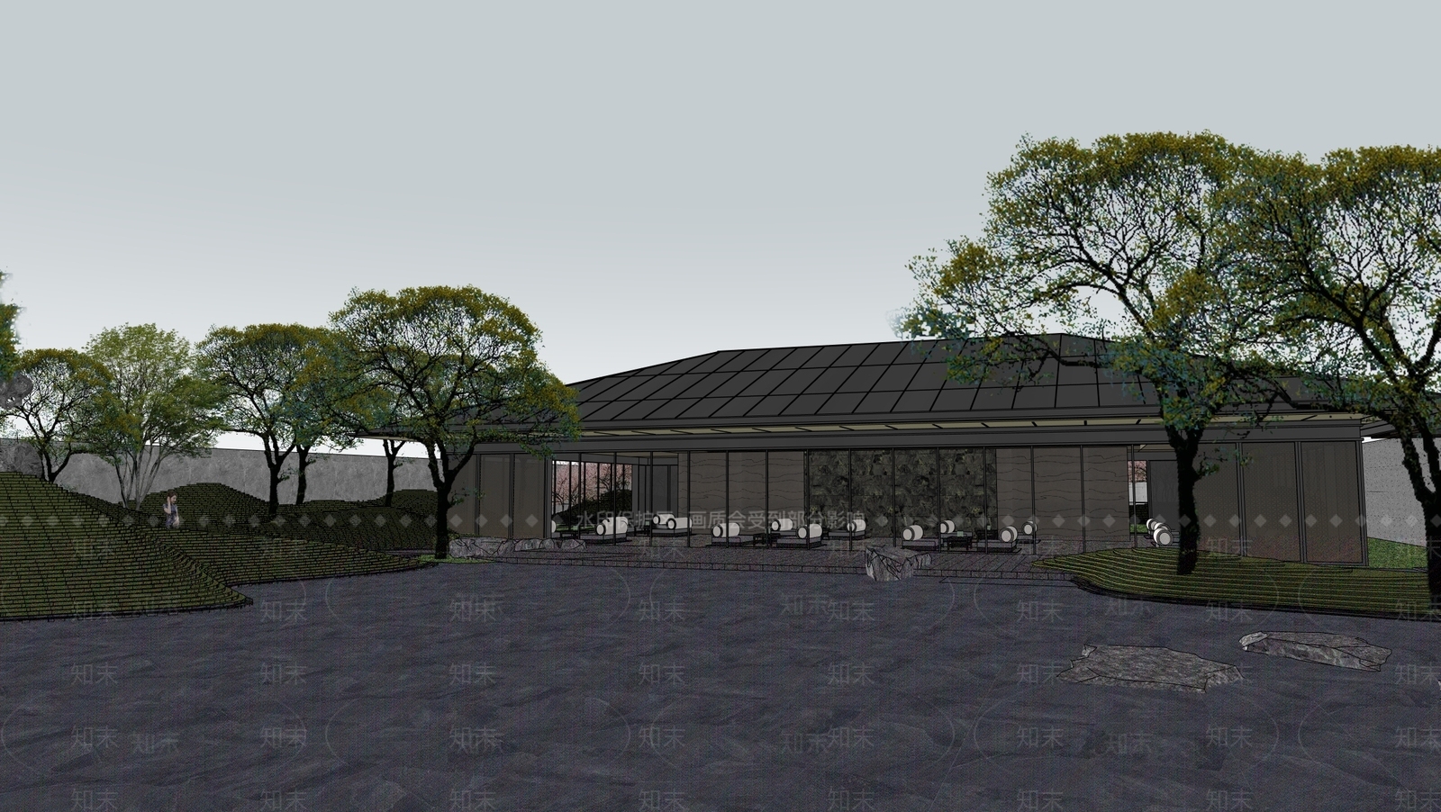 现代新中式售楼处建筑SU模型下载【ID:1201135047】