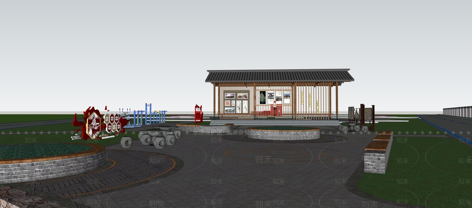 新中式现代口袋公园SU模型下载【ID:1201175068】