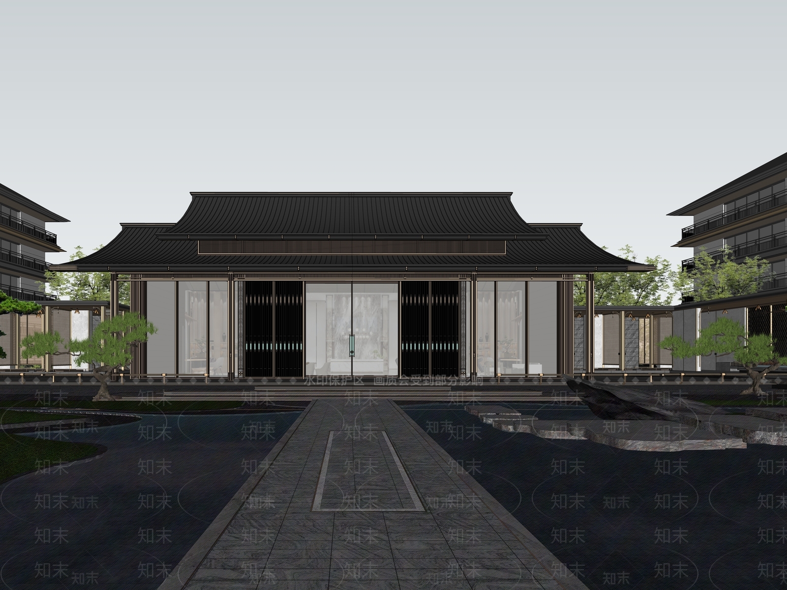 现代新中式售楼处建筑SU模型下载【ID:1201183518】