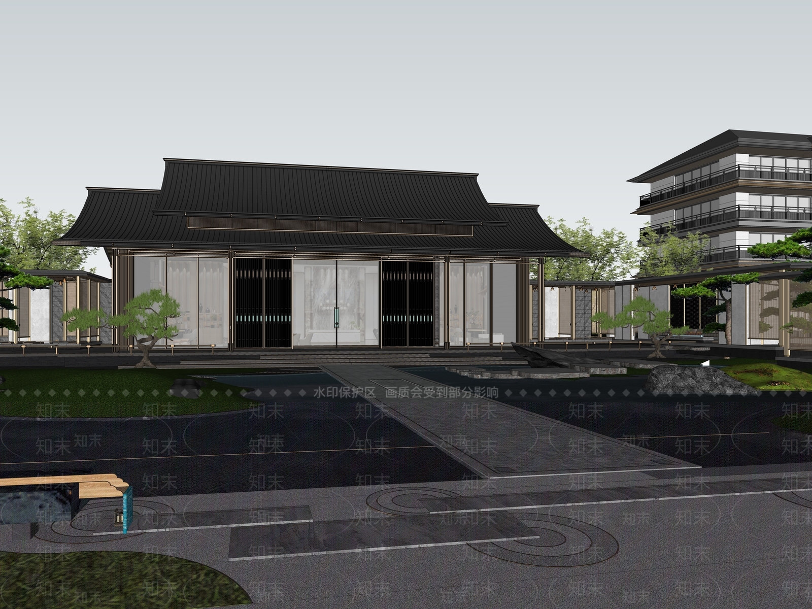 现代新中式售楼处建筑SU模型下载【ID:1201183518】