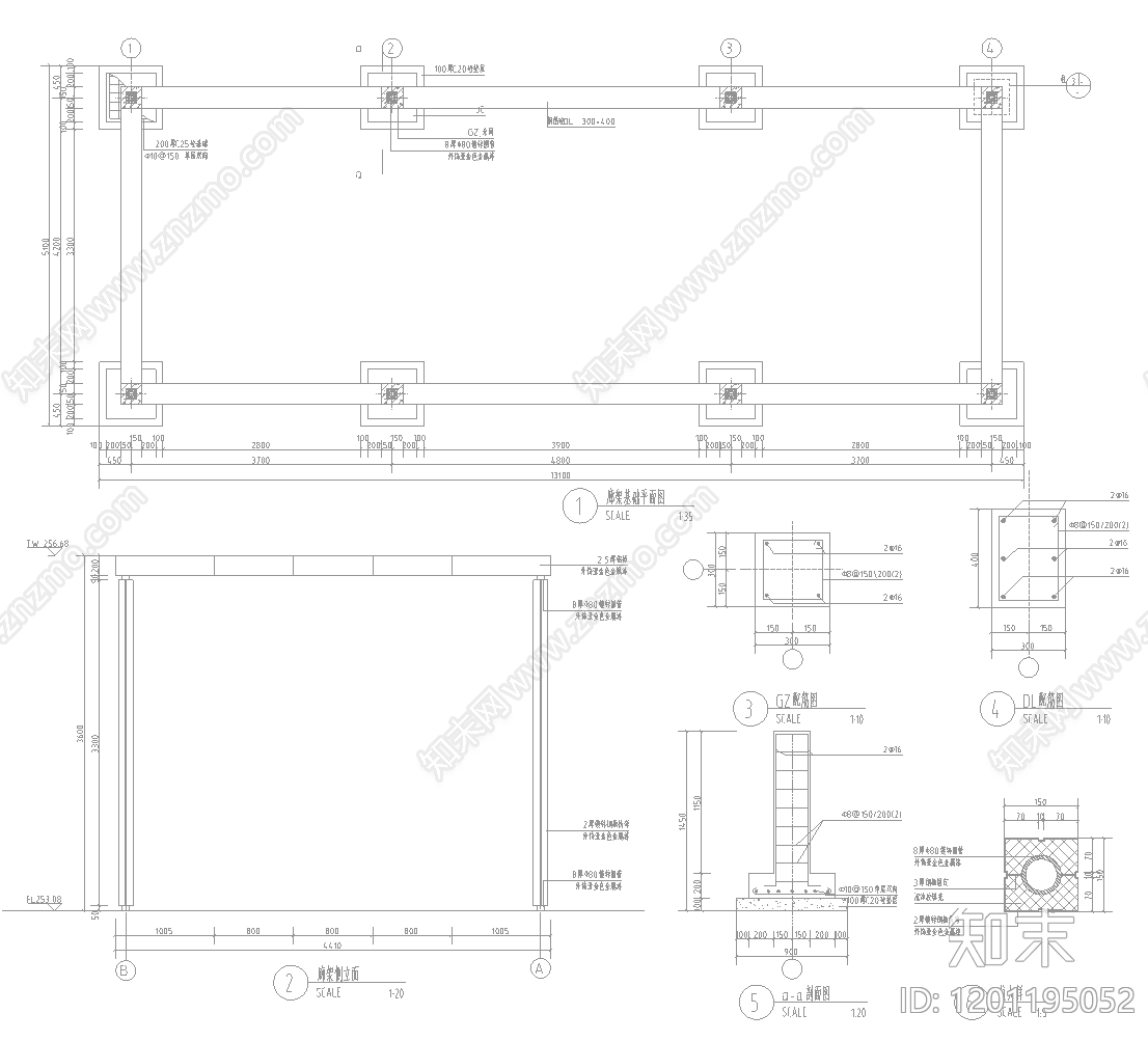 现代廊架cad施工图下载【ID:1201195052】