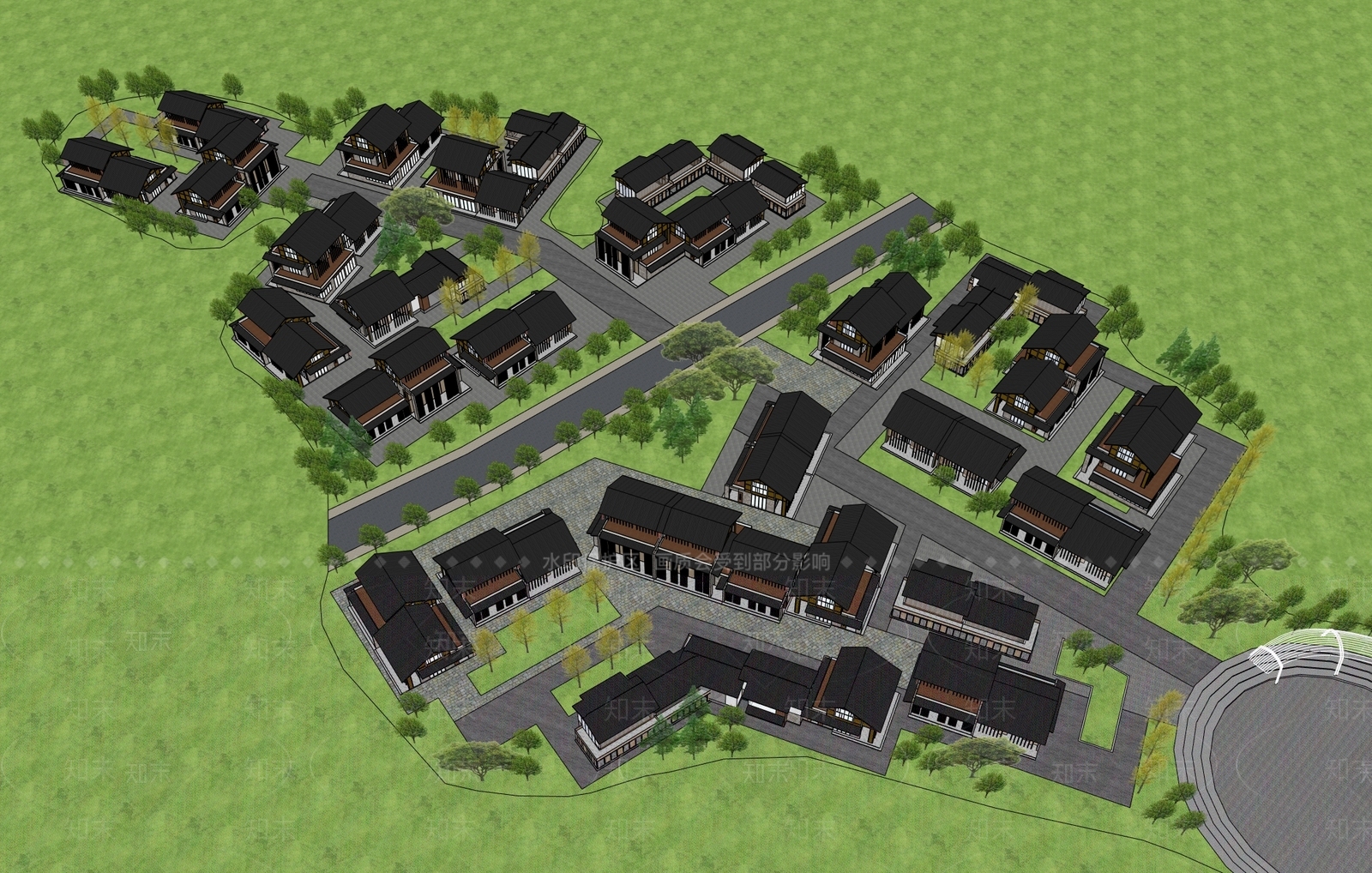 新中式中式民宿建筑SU模型下载【ID:1201209732】