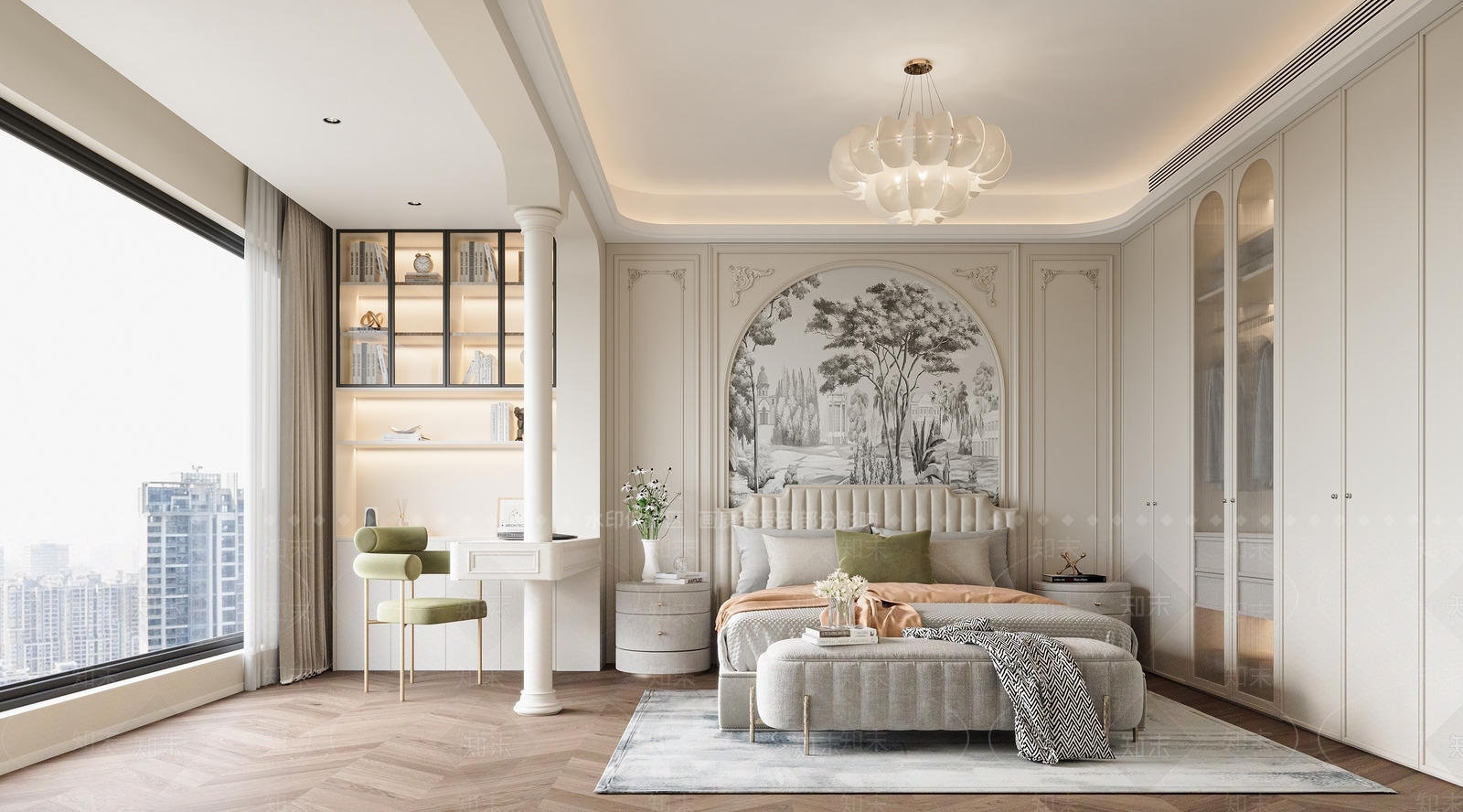 法式奶油家居卧室3D模型下载【ID:1201219906】