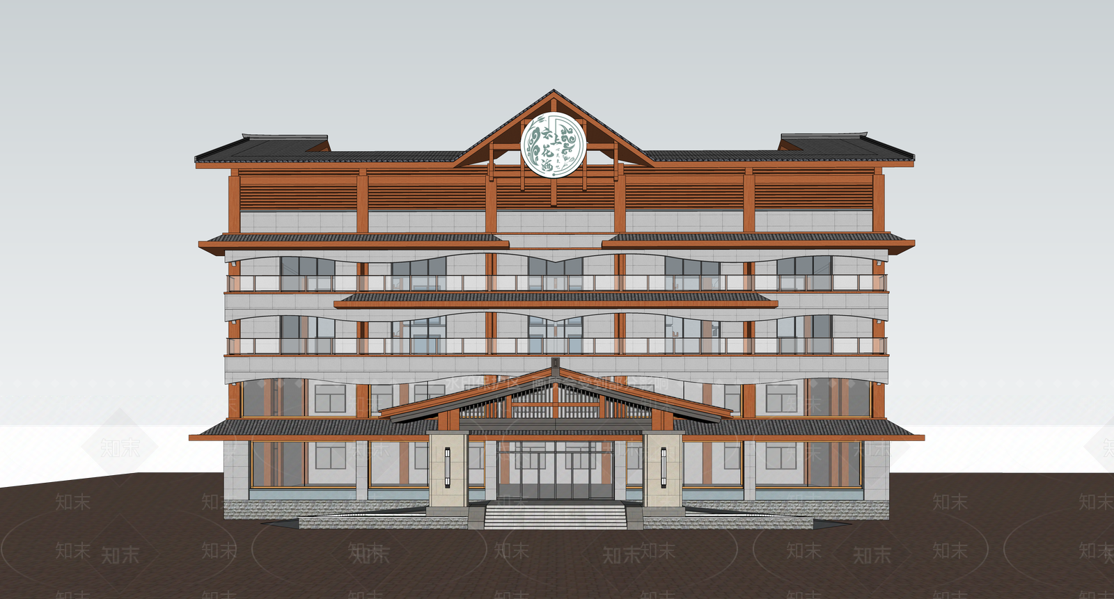 新中式中式酒店建筑SU模型下载【ID:1201246144】