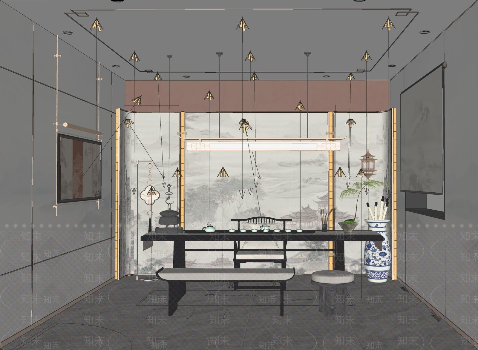 新中式轻奢中餐厅SU模型下载【ID:1201248966】