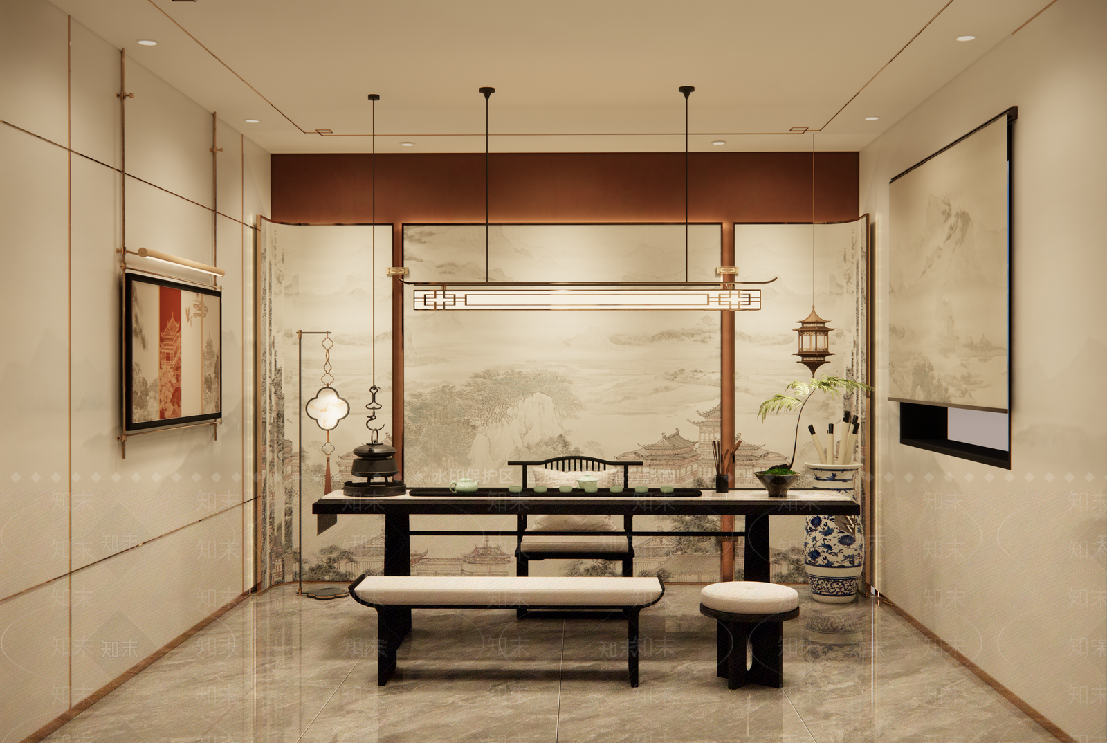 新中式轻奢中餐厅SU模型下载【ID:1201248966】
