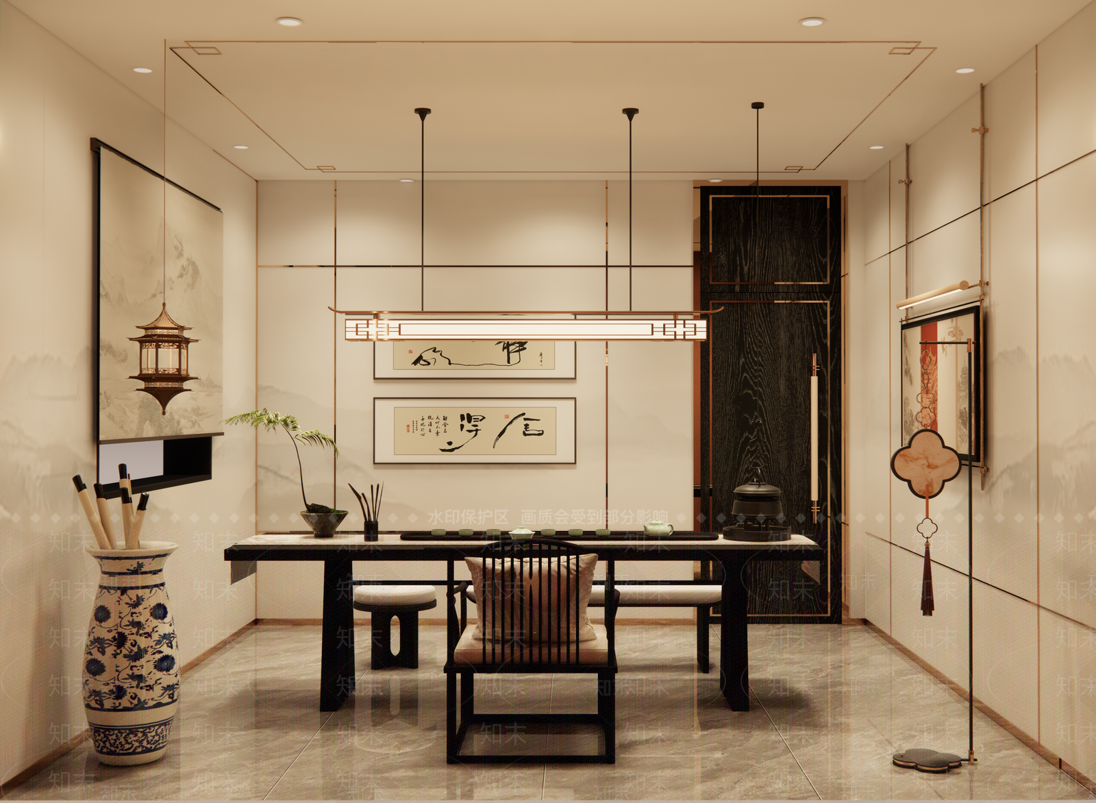 新中式轻奢中餐厅SU模型下载【ID:1201248966】