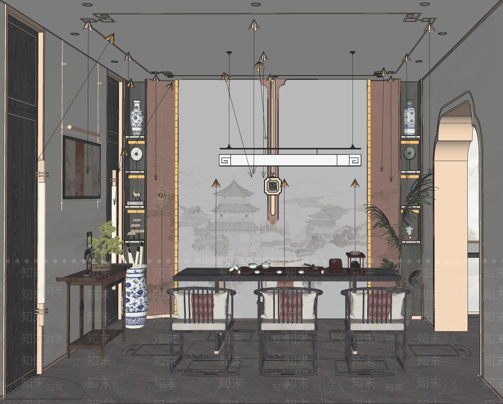 新中式轻奢中餐厅SU模型下载【ID:1201249240】