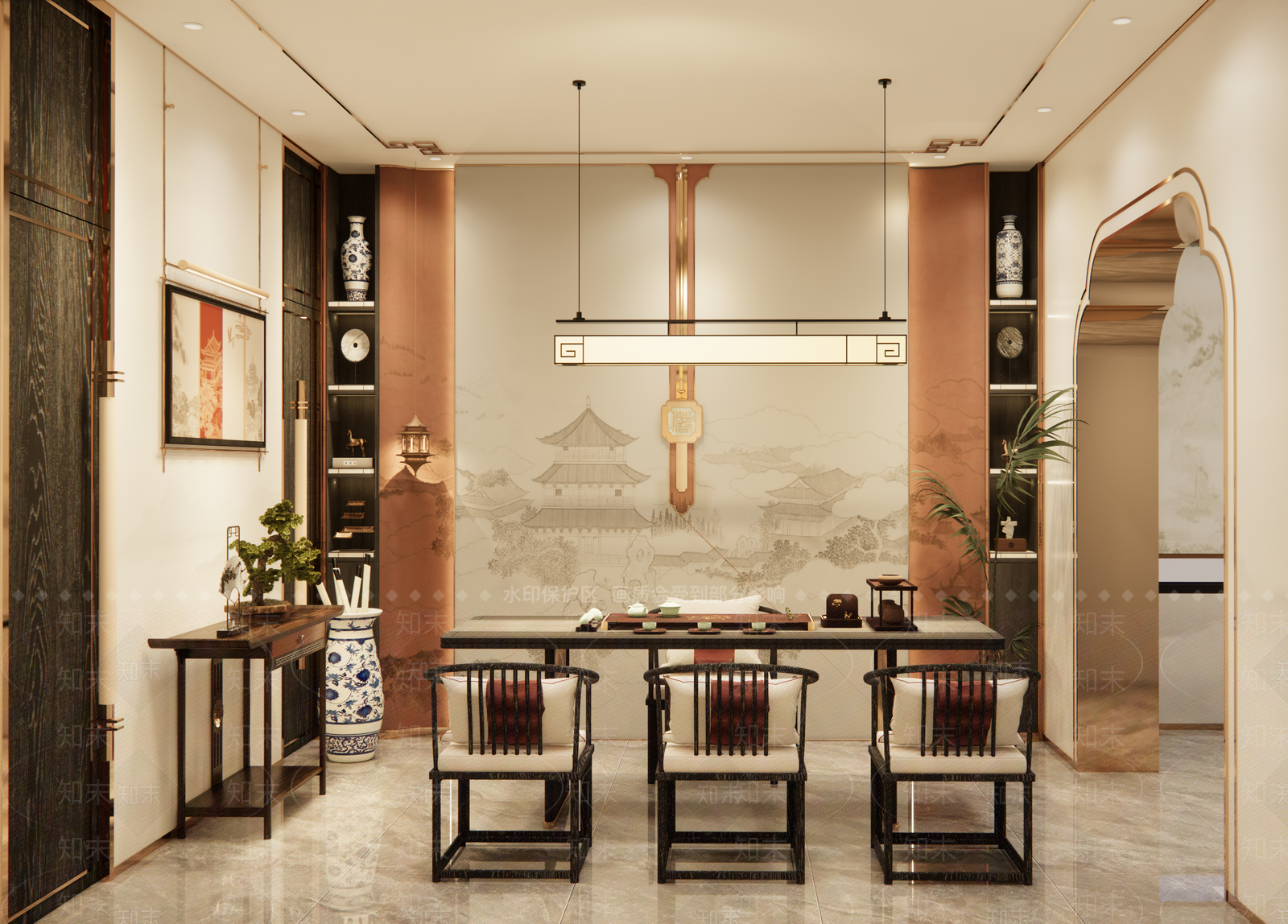 新中式轻奢中餐厅SU模型下载【ID:1201249240】