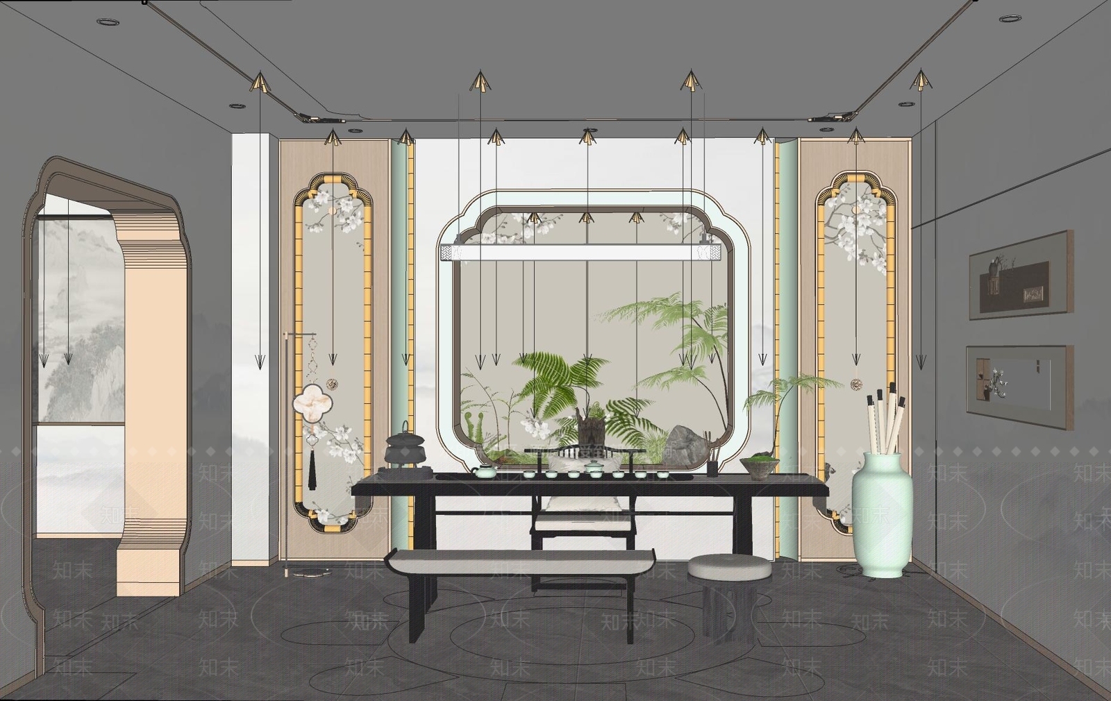 新中式轻奢中餐厅SU模型下载【ID:1201249583】