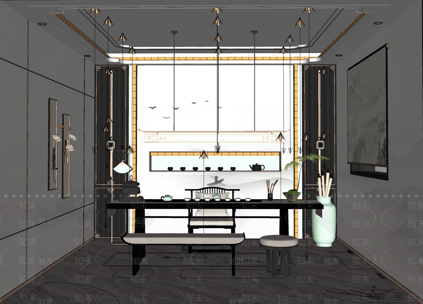 新中式轻奢中餐厅SU模型下载【ID:1201249695】