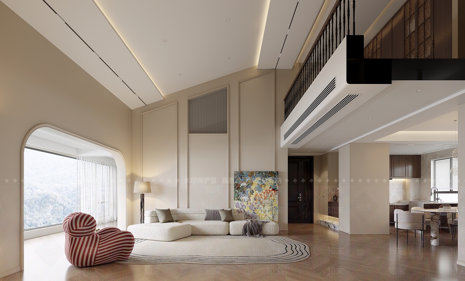 奶油美式别墅客厅3D模型下载【ID:1201288725】