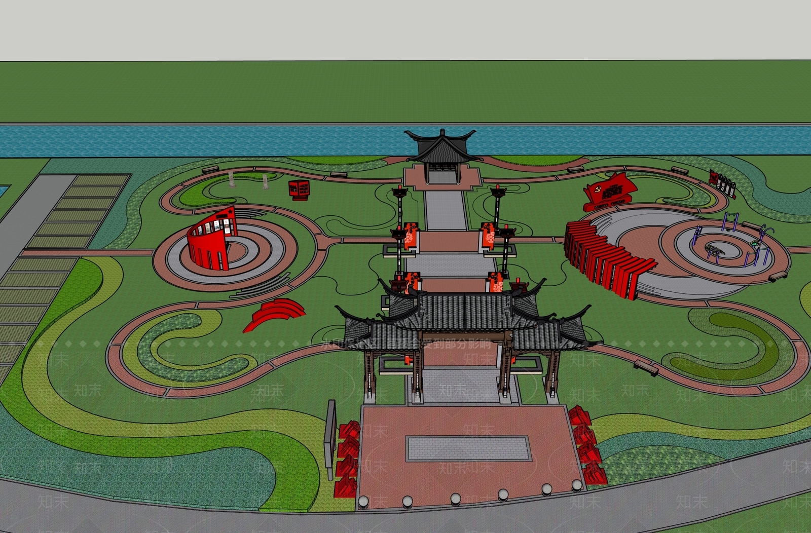 新中式中式广场景观SU模型下载【ID:1201290970】