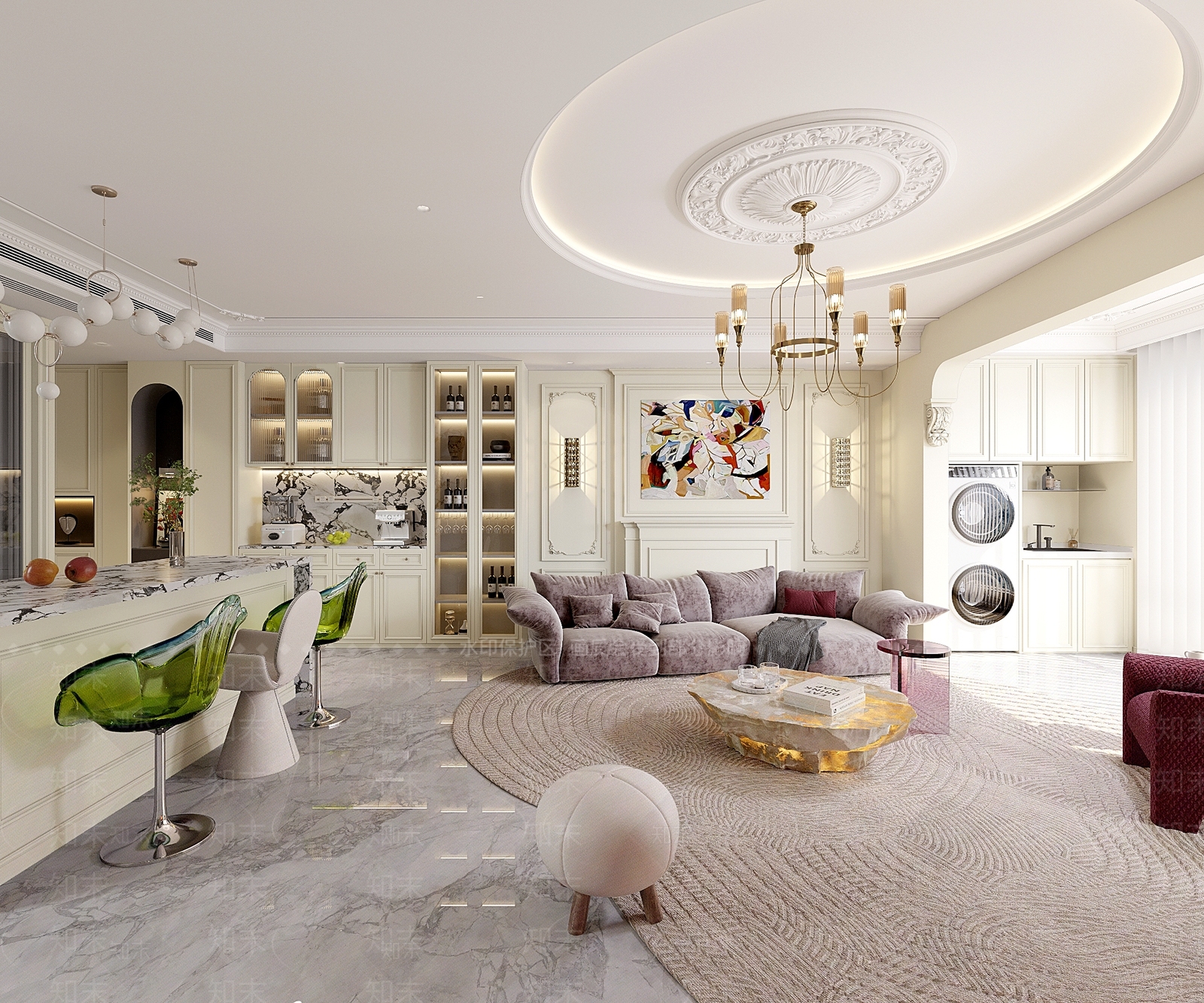 法式奶油家居客厅3D模型下载【ID:1201354309】