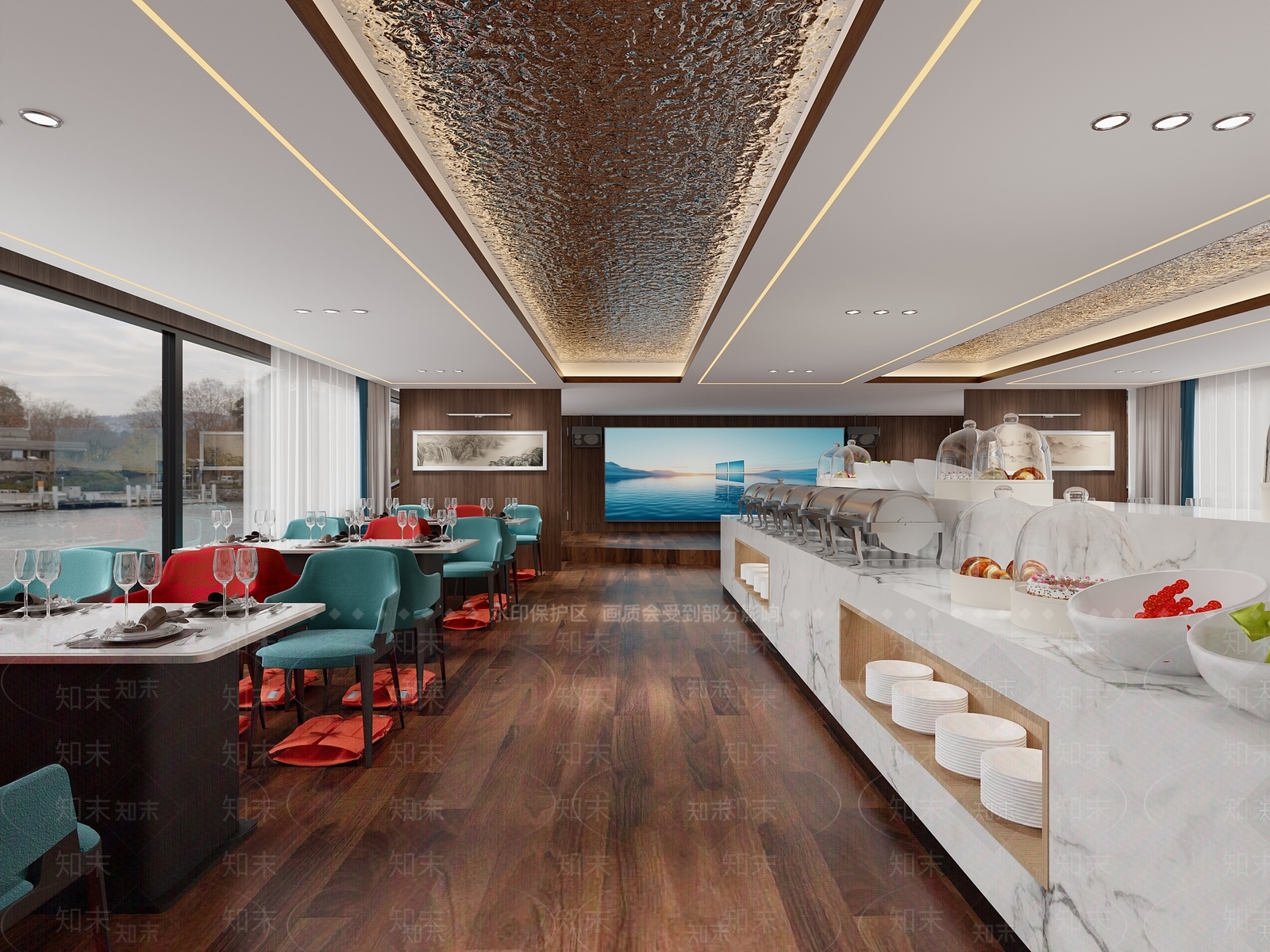 现代新中式自助餐厅3D模型下载【ID:1201379296】