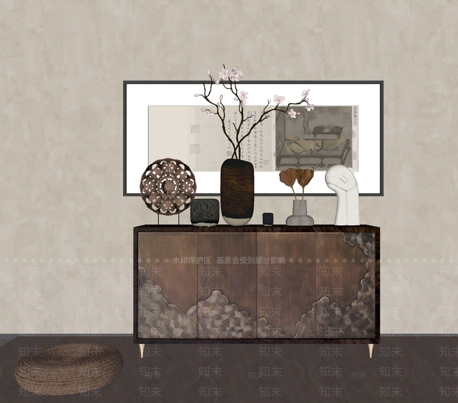 新中式中古玄关柜SU模型下载【ID:1201379954】