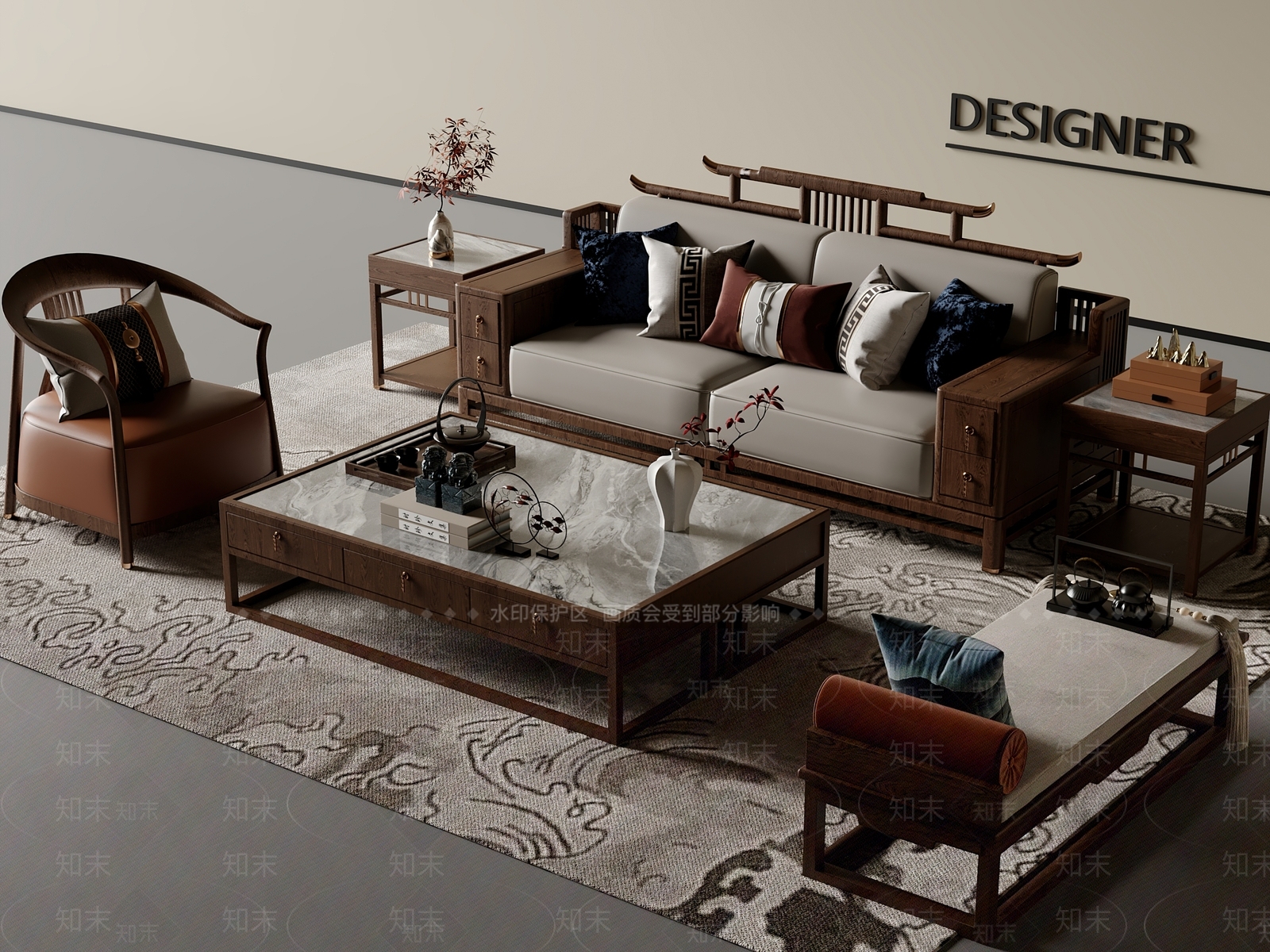 中式沙发组合3D模型下载【ID:1201390704】