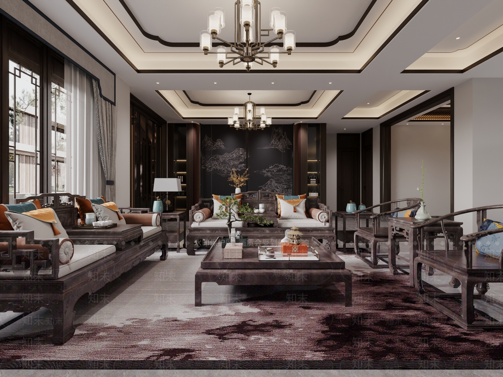 新中式中式别墅客厅3D模型下载【ID:1201412436】