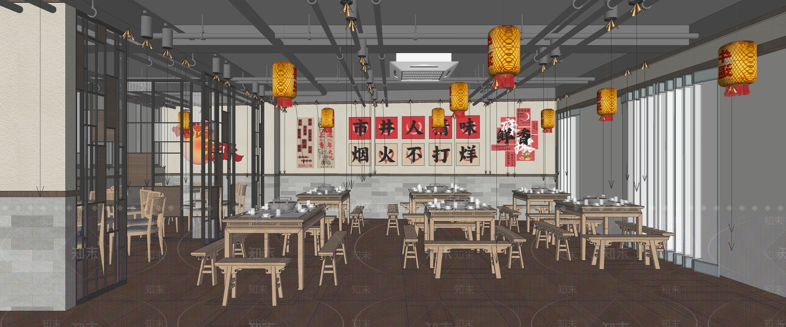 复古新中式火锅店SU模型下载【ID:1201454483】