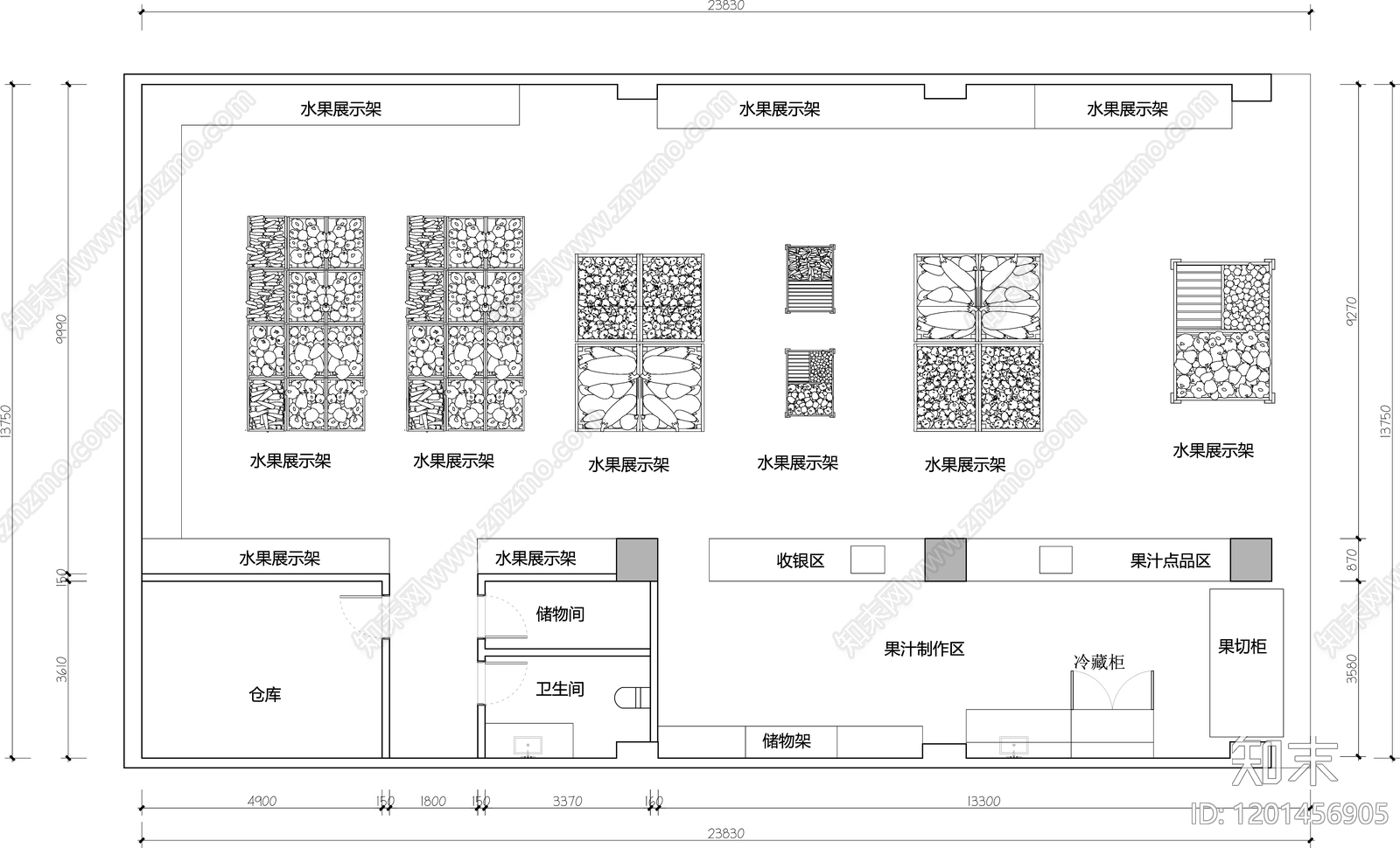 现代水果店cad施工图下载【ID:1201456905】