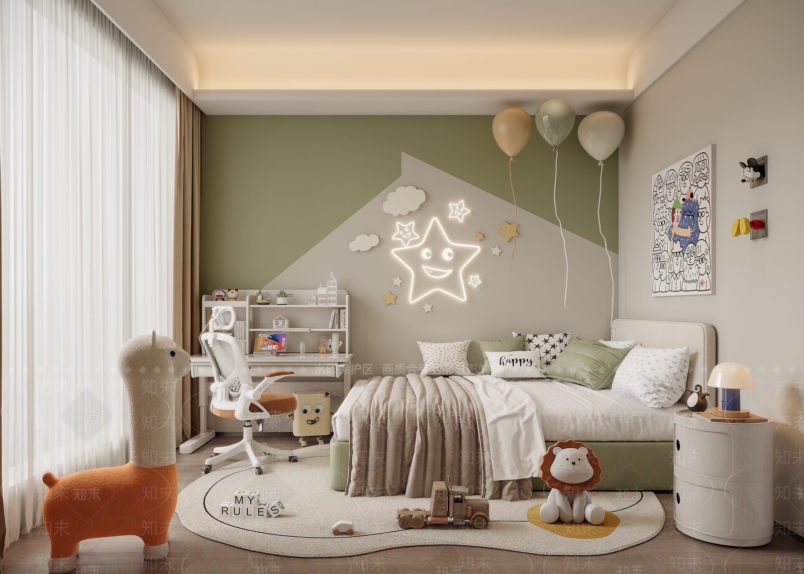 现代奶油通用儿童房3D模型下载【ID:1201472989】