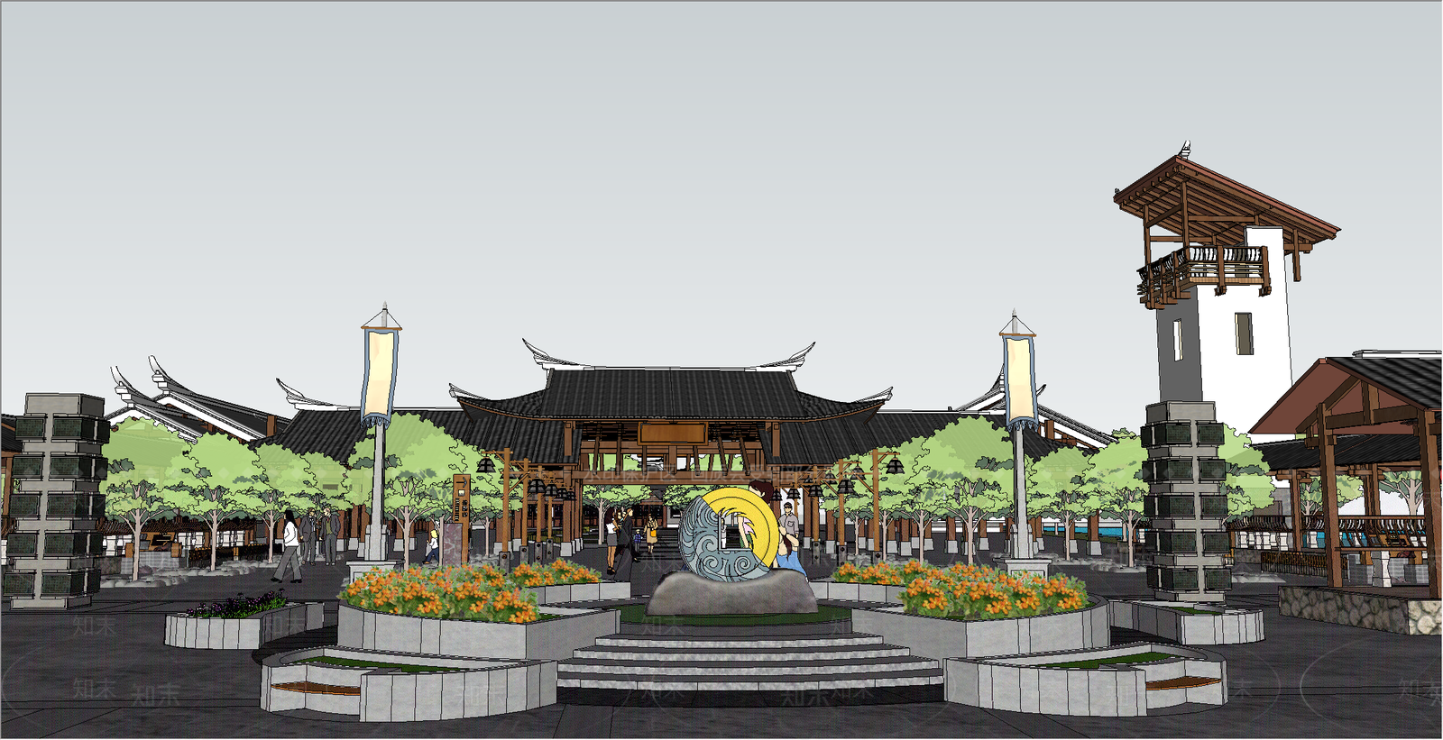 现代古建筑SU模型下载【ID:1201477765】