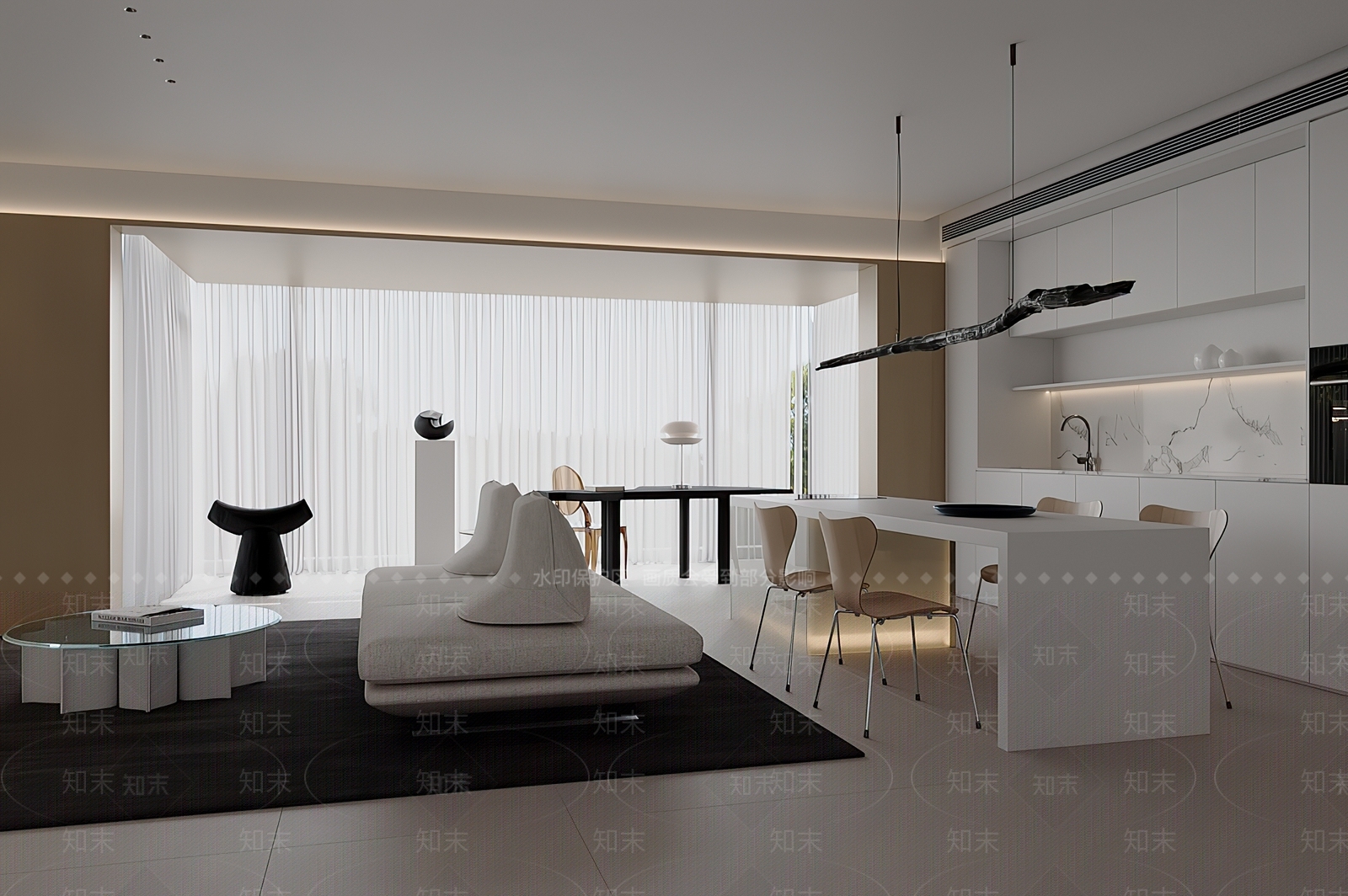 现代奶油客餐厅3D模型下载【ID:1201479674】
