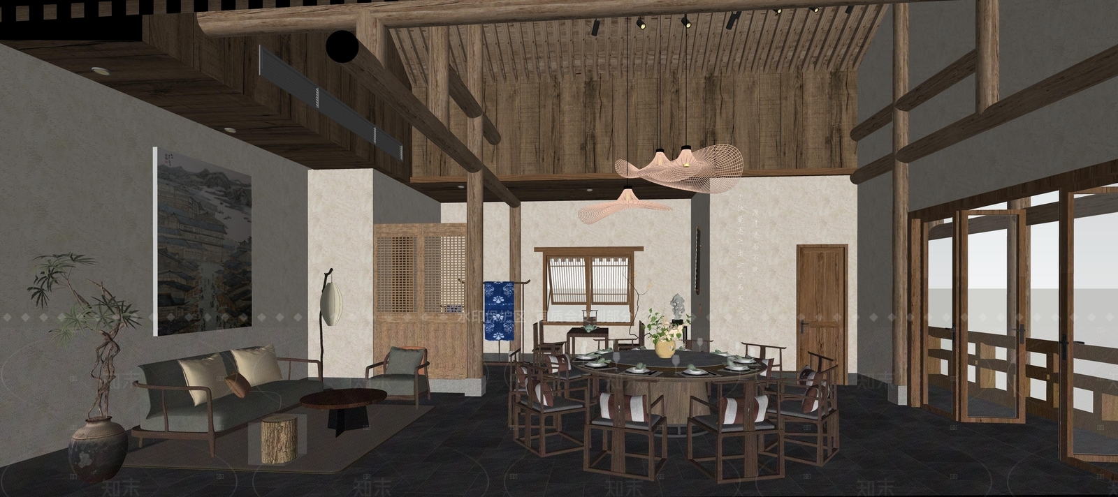 新中式禅意包厢SU模型下载【ID:1201516568】