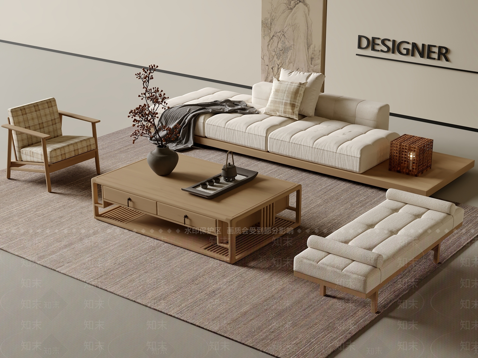 新中式多人沙发3D模型下载【ID:1201519915】