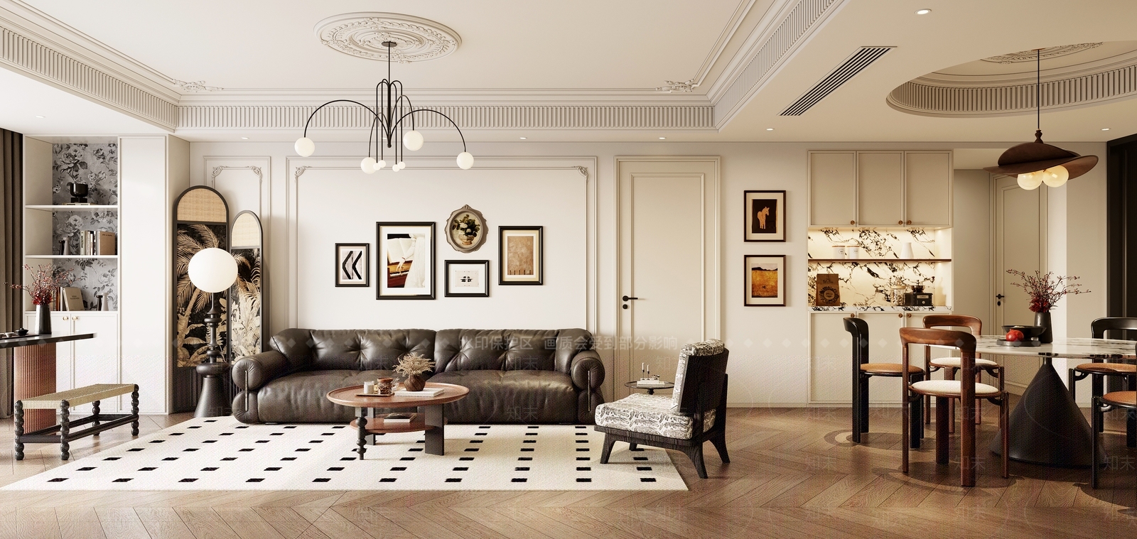 法式简约大平层客餐厅3D模型下载【ID:1201525439】